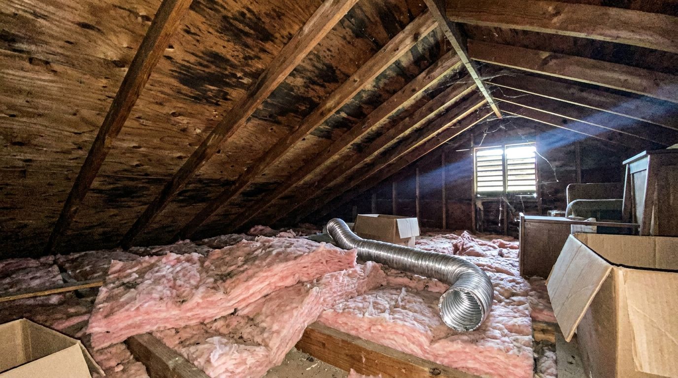 Attic roof sheathing stained with black mold and a loose bath fan duct