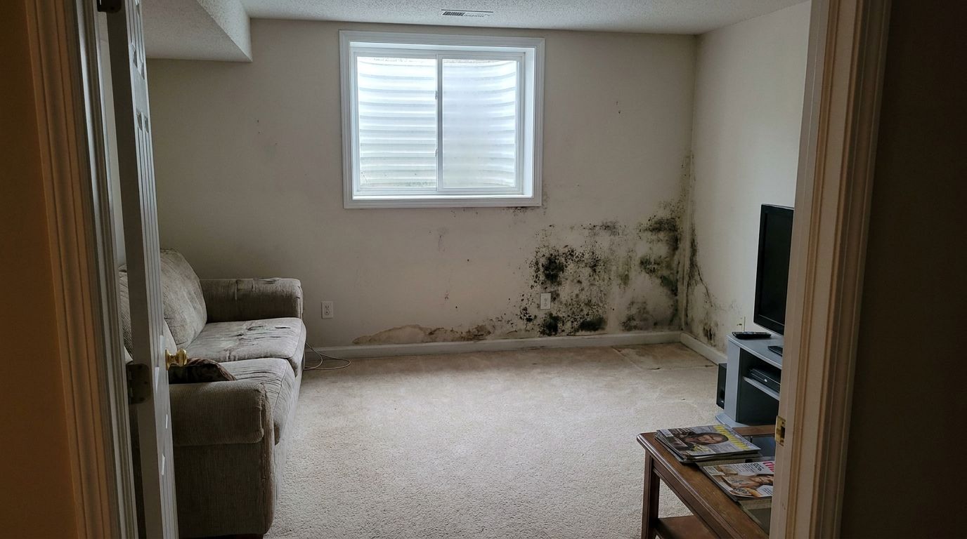 Basement wall with black mold near the floor