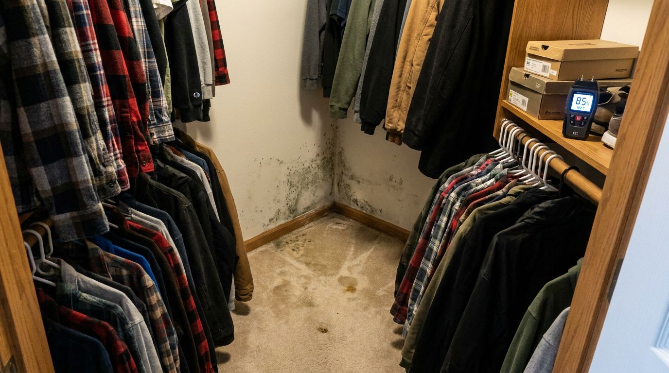 Closet corner with mold on the wall and damp carpet