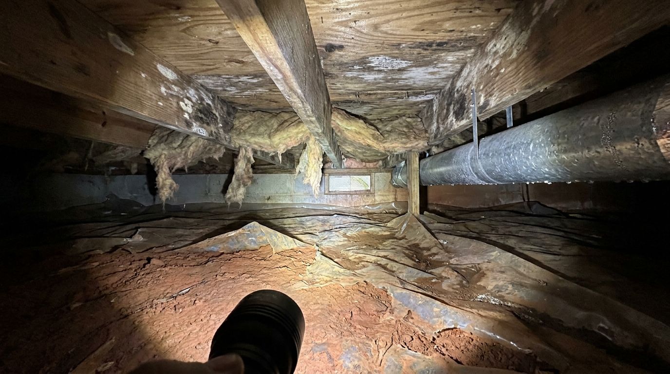 Crawlspace joists with mold above red clay and a torn vapor barrier